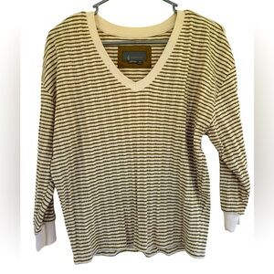 Anthropologie Hannah White Green Combo Stripe Ribbed Scoop V-Neck Knit Top Small
